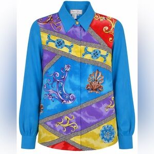 Vtg 90s Diane Gilman Silk Blouse Maximalist Baroque Print Blue Button Top Med